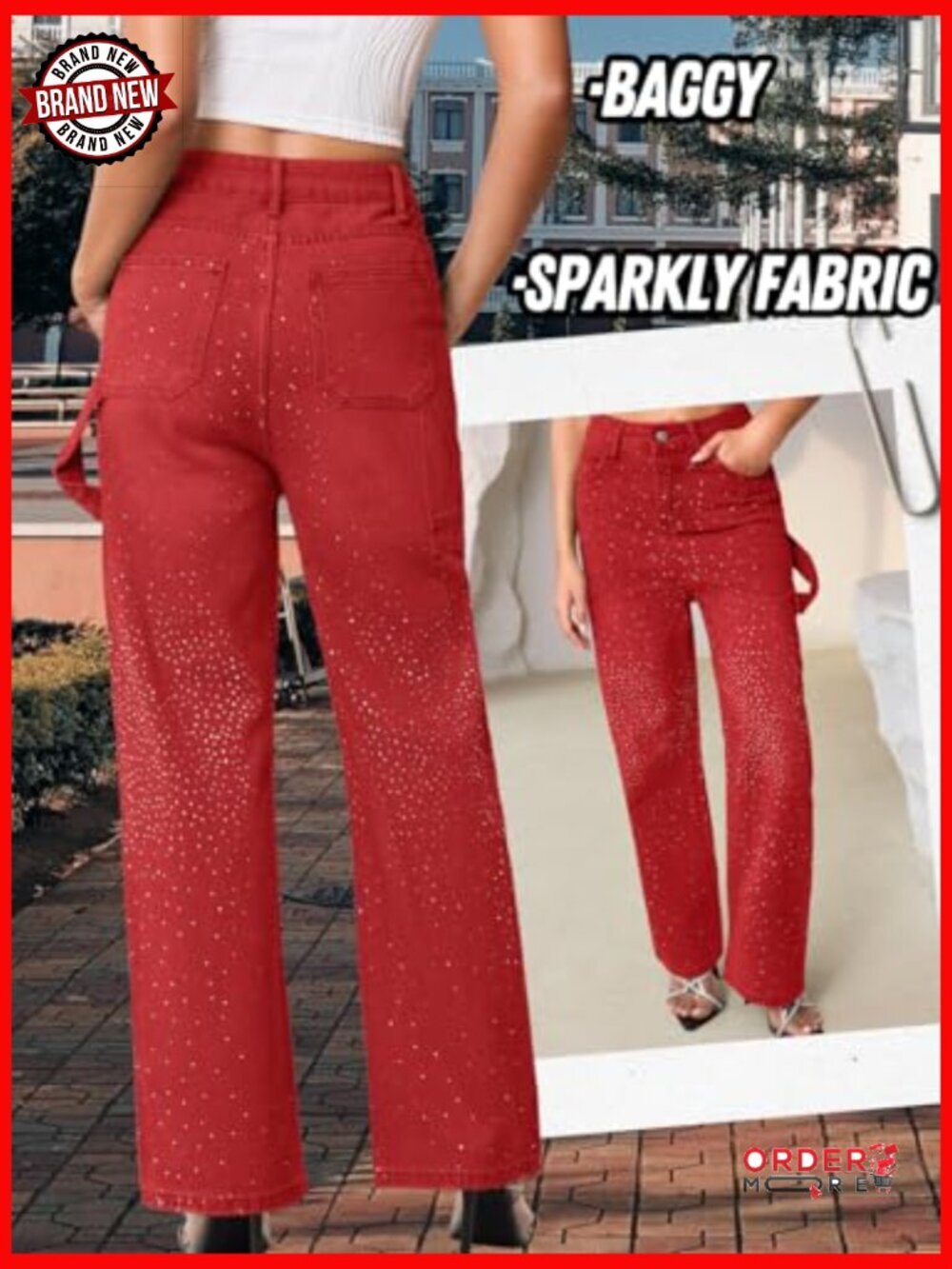 Sparkly Rhinestone Straight Leg Low Rise Baggy Jeans Embellished Denim - Picture 4 of 7